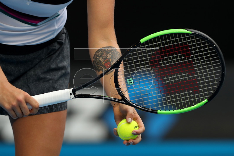 Aryna Sabalenka of Belarus in action against Amanda Anisimova of the United States during their women's singles match on day five of the Australian Open Grand Slam tennis tournament in Melbourne, Australia, 18 January 2019. EDITORIAL USE ONLY AUSTRALIA AND NEW ZEALAND OUT
