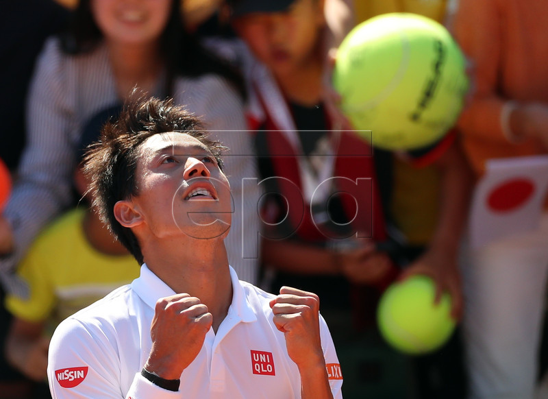 Kei Nishikori of Japan reacts after winning against Laslo Djere of Serbia their men?s third round match during the French Open tennis tournament at Roland Garros in Paris, France, 31 May 2019. EPA-EFE/SRDJAN SUKI